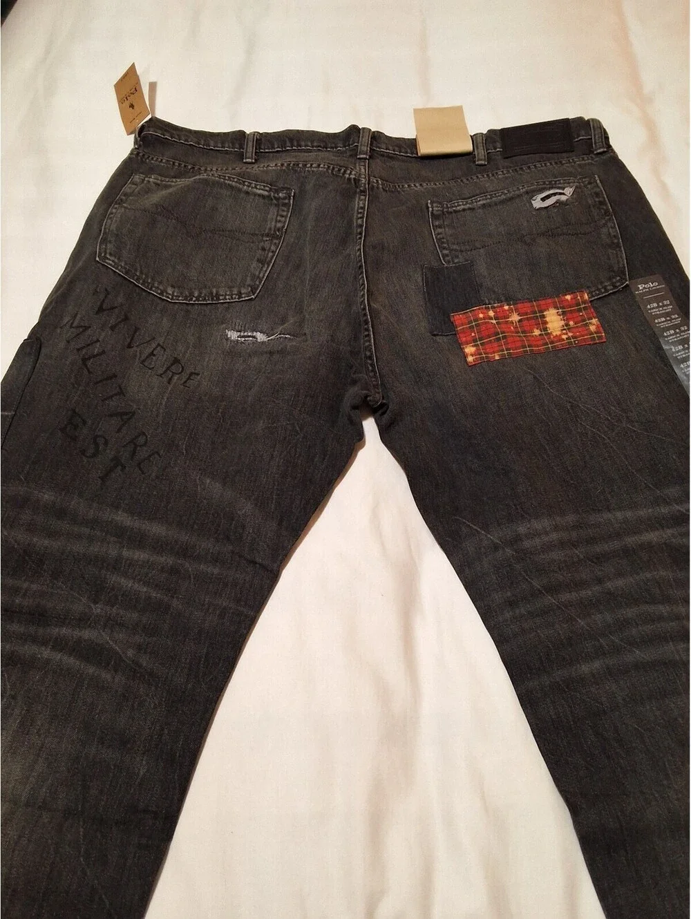 Polo Ralph Lauren Men's Distressed Black Denim Jeans with Patchwork Detail
